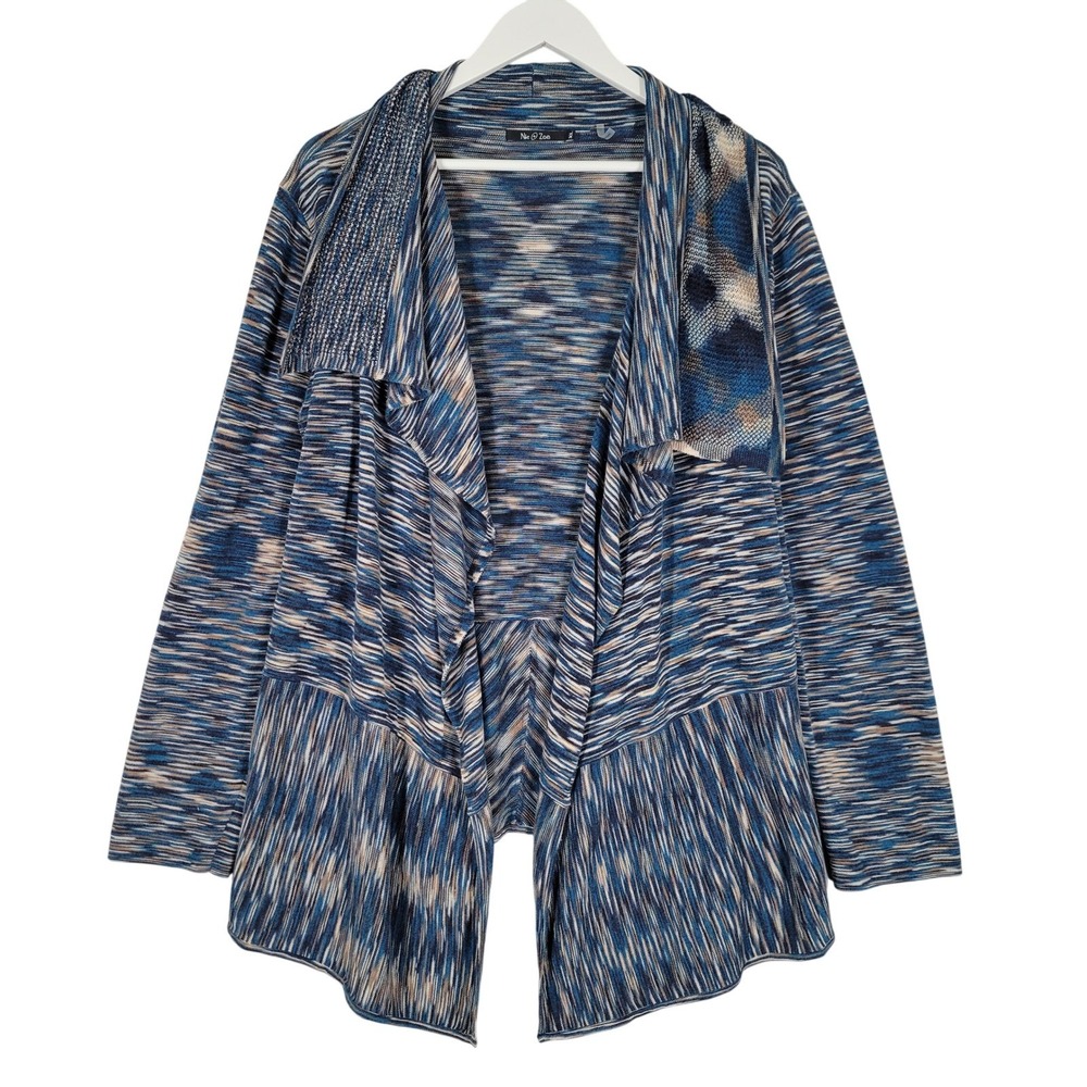Nic + Zoe Cardigan Women XL Blue Space Dye Draped Open Front Peplum Knit Sweater
